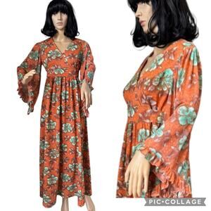Vintage 1970s Floral Empire Waist Maxi Dress Angel Sleeve Boho M-L